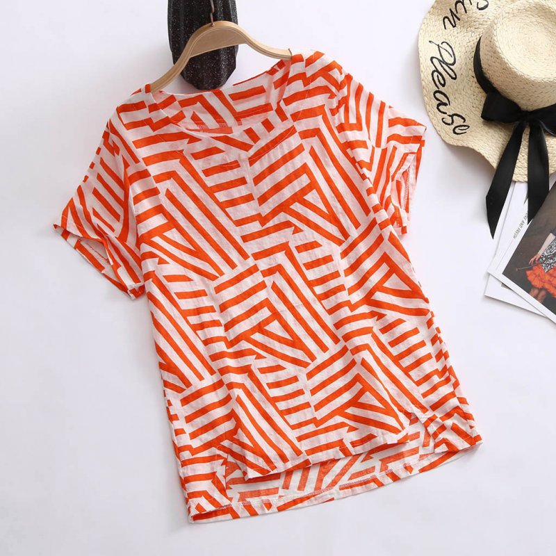 Explosive retro geometric cotton and linen loose new round neck T-shirt