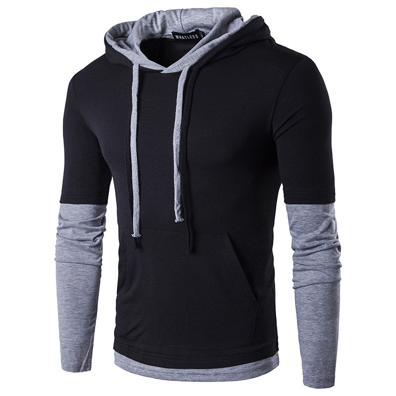 new European code men's long-sleeved hooded sleeves color matching fashion slim T-shirt B26