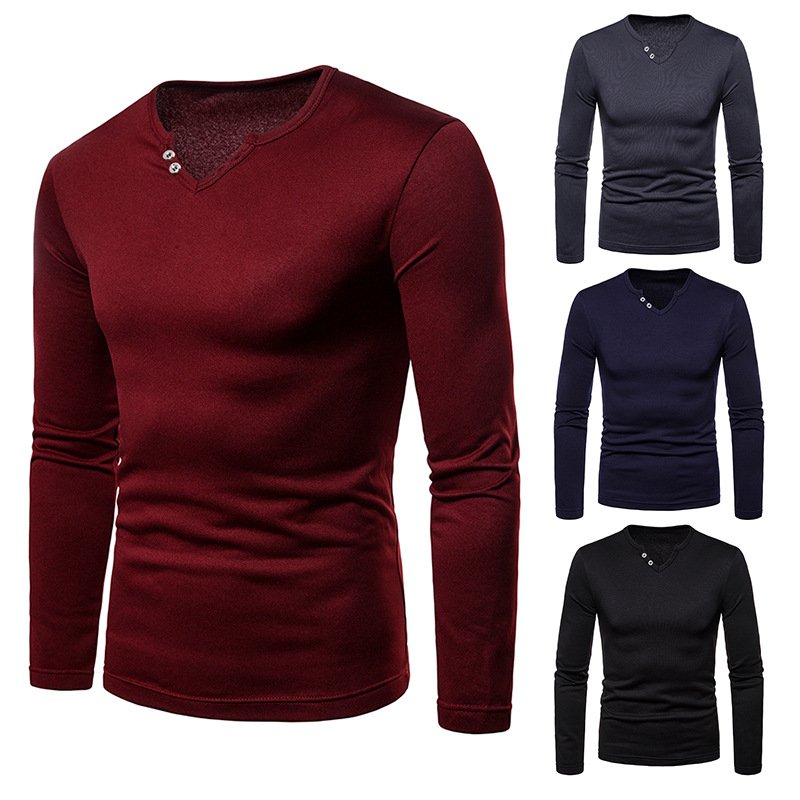 Cross-border men's plus size plus velvet warm V-neck long-sleeved T-shirt base shirt Q123